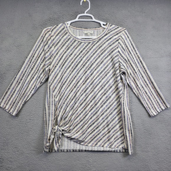 Studio B‎ Bobeau Top Womens XL Gray Striped Tie Hem Draped Open Knit Slouchy - Picture 2 of 13
